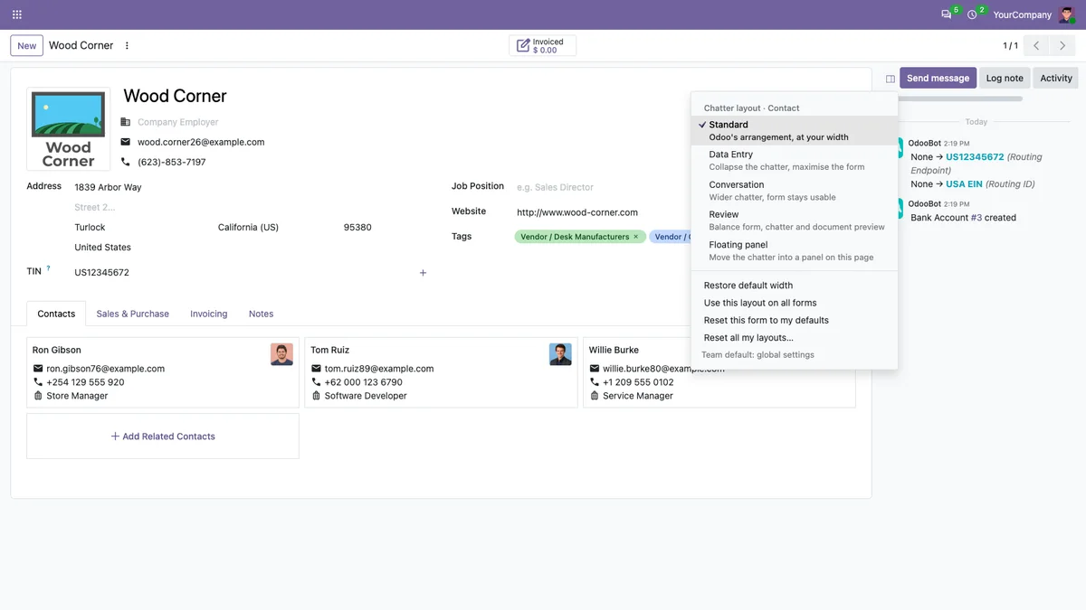 The Chatter Workspace layout menu open on an Odoo contact form.