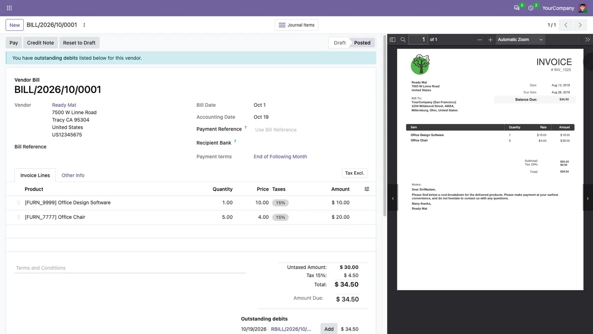 Vendor bill form, document preview and chatter in Review layout.