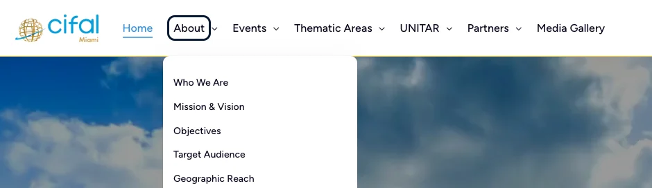 CIFAL Miami header with a dark focus outline around About and its dropdown menu open.