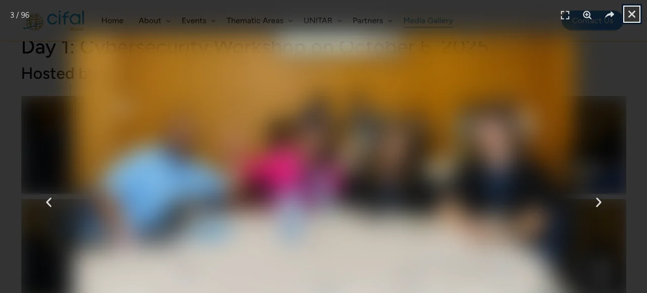 CIFAL image viewer showing photo 3 of 96 with a focus outline around the Close button; event photo blurred.