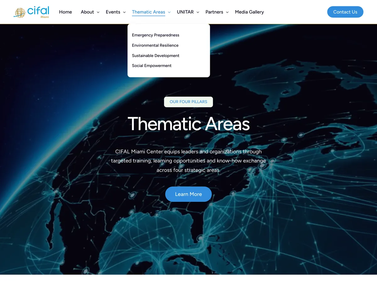 The Thematic Areas menu, with the four areas as navigation anchors.