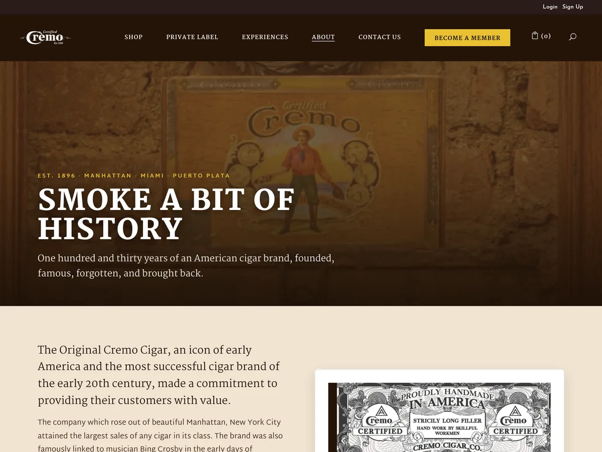 The About page, under the navigation that separates shop, private label and experiences.