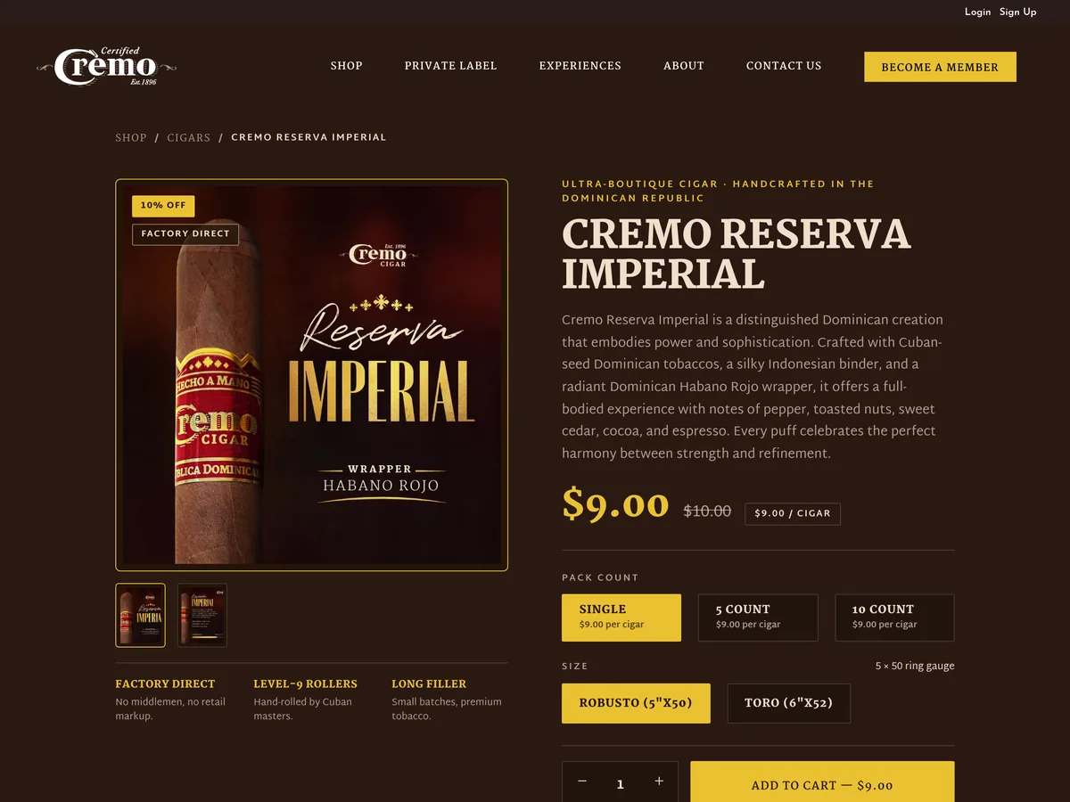 A cigar product page, with pack counts, sizes and add to cart.