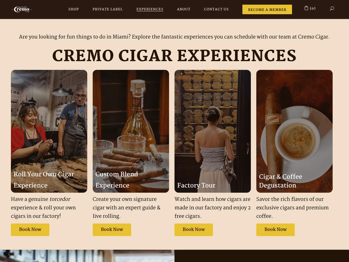 Miami experiences with online booking for roll-your-own sessions, custom blends, factory tours and degustations.