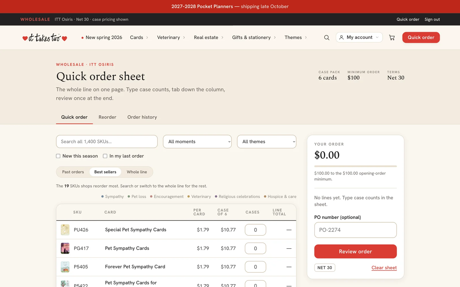 The It Takes Two quick-order sheet with tabs for Past orders, Best sellers and Whole line, a table of cards with case counts, and an order panel.