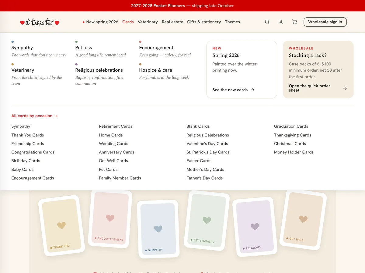 The Cards menu, opening on the moments block: sympathy, pet loss, encouragement and more.