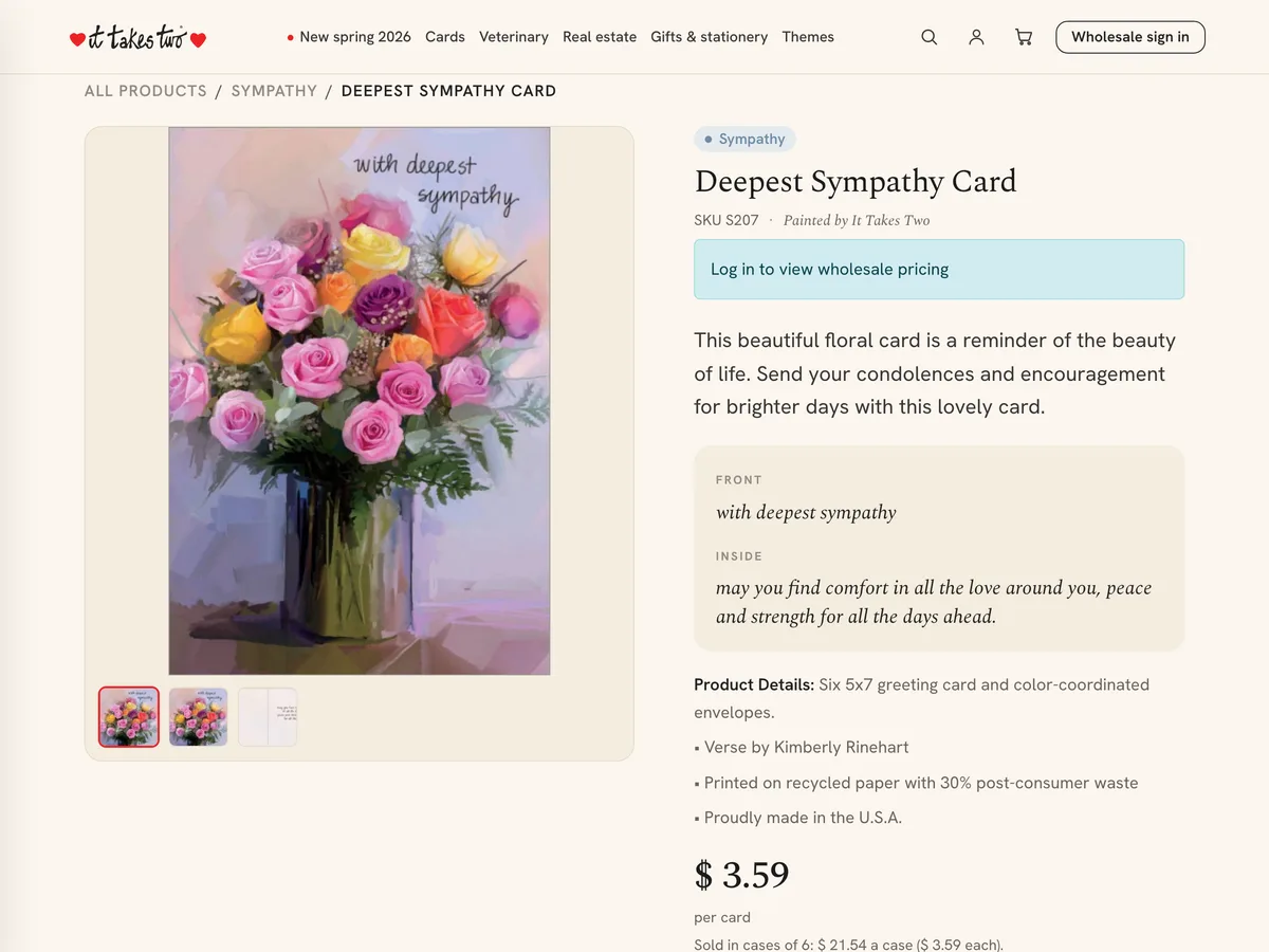 A card product page with its moment tag, the front and inside wording in full, and the verse writer credited.