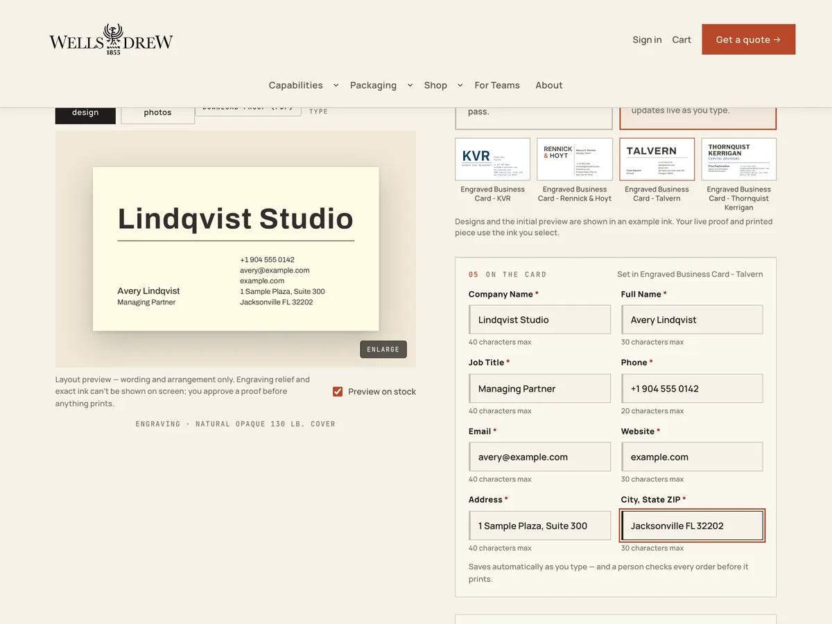 The engraved business card with a template chosen and made-up details typed in: the StackFill proof beside the form updates as you type.