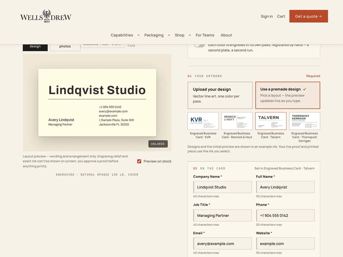 The template grid on the engraved business card, with the chosen design and its live proof.